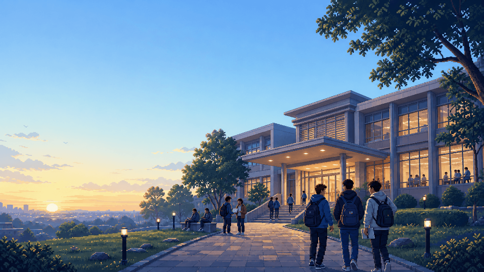 Pixel-art dawn view of a campus auditorium and students approaching the entrance